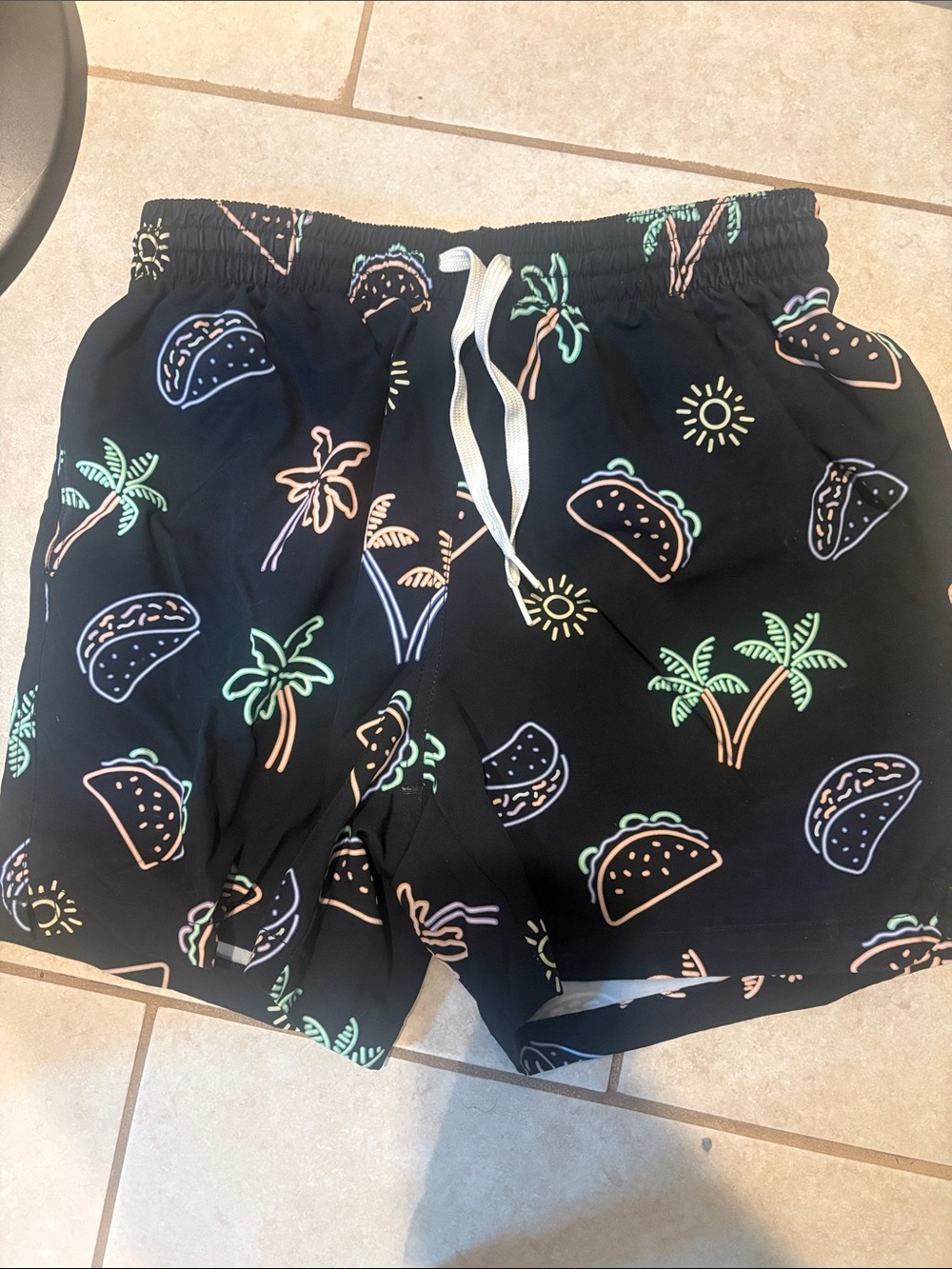 Black Swim Shorts with Neon Taco & Palm Print